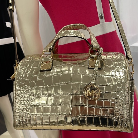 Michael Kors Grayson Md Metallic Crocodile Embossed Leather Satchel
Pale Gold NW - Picture 5 of 16